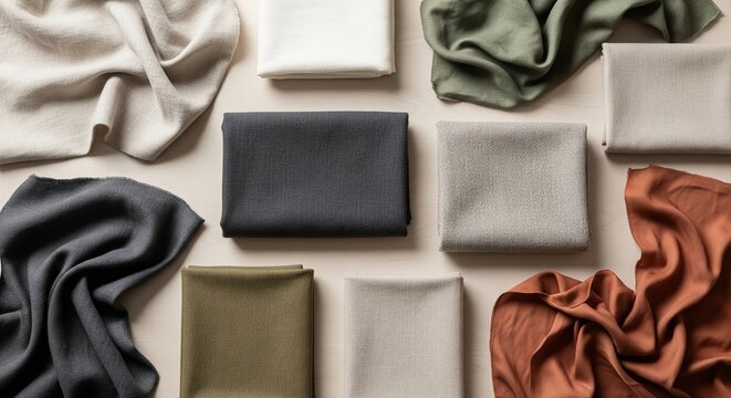 Flat lay of various fabric swatches and textile samples in neutral, olive green, and terracotta tones on a beige background