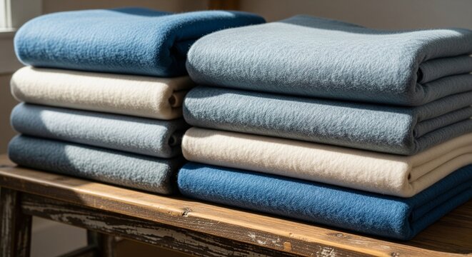 Two neat stacks of folded soft fleece blankets in various shades of blue and white on a wooden surface.