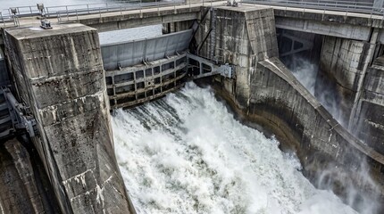 Obraz premium Powerful water flow through a concrete dam sluice gate for energy