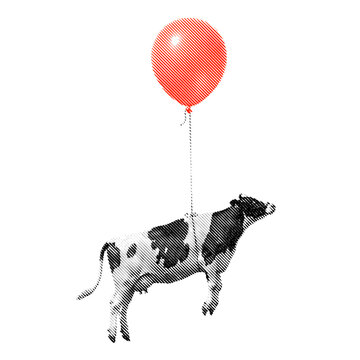 Cow Floating with a Red Balloon, Funny Flying Cow Illustration in Retro Halftone Style
