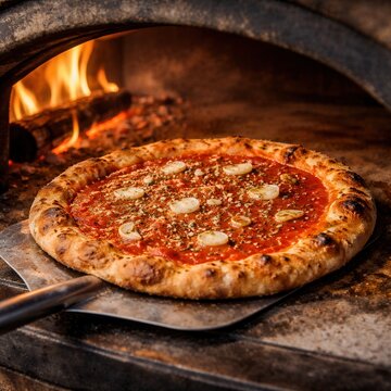 Pizza Marinara frisch aus dem Holzofen
Traditionelle Pizza Marinara mit Tomatensauce, Knoblauch und Kr&auml;utern direkt aus dem hei&szlig;en Steinofen.
