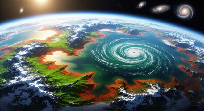 Vibrant depiction of a swirling storm on a distant planet with diverse landscapes