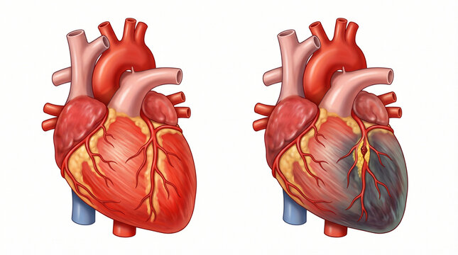 Human heart anatomy illustration showing the contrast between healthy tissue and the visual effects of a heart attack (myocardial infarction) isolated on a white background
