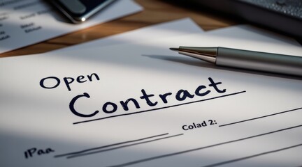 Obraz premium Open contract document with pen ready for signing on wooden desk