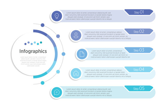 Modern infographic template with 5 rounded curve steps arranged in a smooth, flowing layout. Each step features numbered labels, icons, and editable text placeholders.