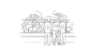 Fototapeta premium Family at zoo line art black and white minimal outline vector illustration calm parent and child bonding moment