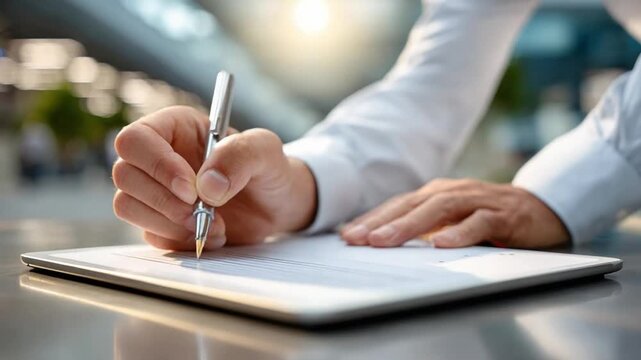 Signing the Agreement: A close-up shot of a person's hands diligently signing an important document, symbolizing commitment and agreement in a professional environment.