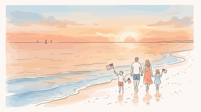 Family walks on beach at sunset with children holding flag