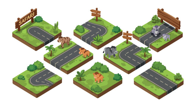 Isometric safari park map tiles with wild animals, 8 modular nature landscape blocks with road and grass, 3D vector zoo construction kit