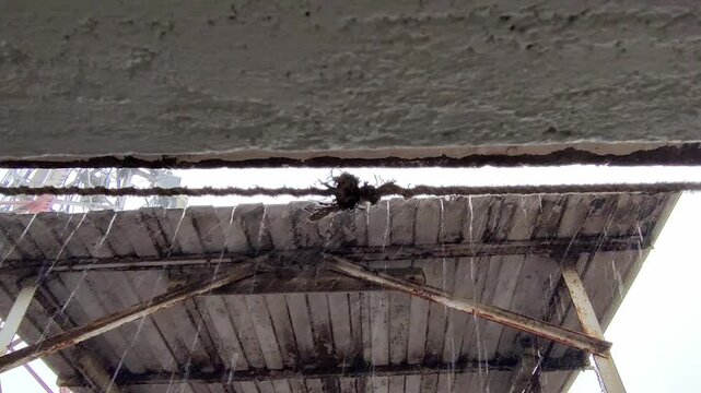 Rainwater dripping off wet roof edge in storm