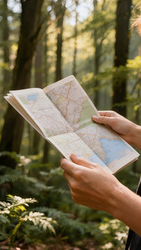 A person holds a paper map and navigates a forest trail, planning a travel route through nature and sunlight.
