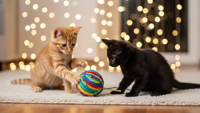 Two playful kittens with a colorful yarn ball and festive bokeh