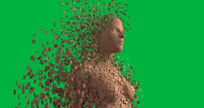 After dark frames 3D bust breaking into tiles, forming dust cloud over transparent bg showing decay