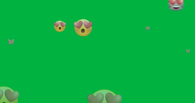 Digital animation of multiple face emojis floating against black background