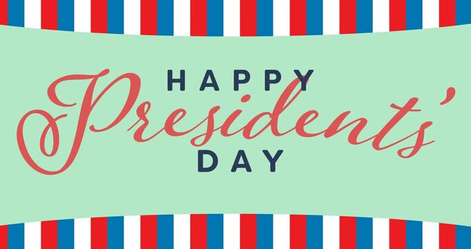 Happy presidents day text on grey banner against red and blue stripes on white background
