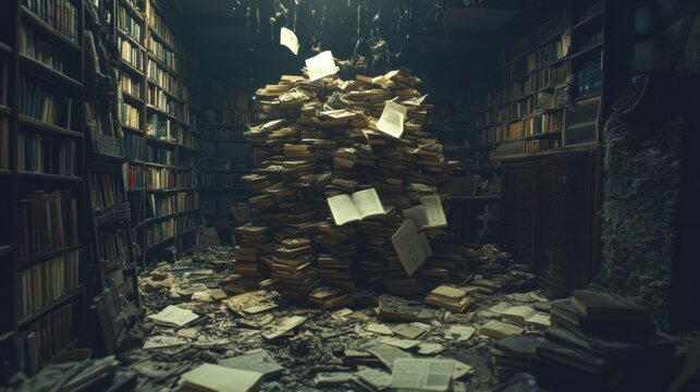 Old library with books abandoned and messy