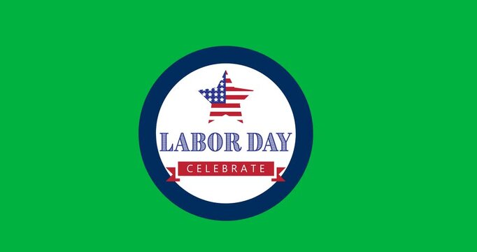 Digital animation of happy labor day text and star icons on round banner against black background