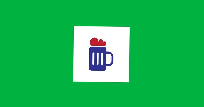 Digital animation of beer icon over white square banner against black background