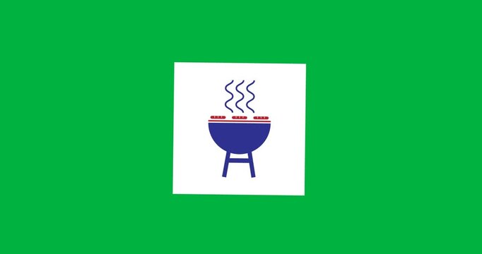 Digital animation of barbecue grill icon over white square banner against black background