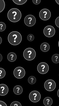 Animated multiple question marks filling the screen and merging into one central symbol for a FAQ Q&A session stinger transition or mystery concept vertical overlay on transparent background.