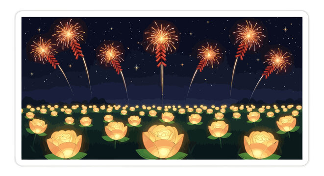 Vibrant fireworks exploding over glowing lotus flowers at night