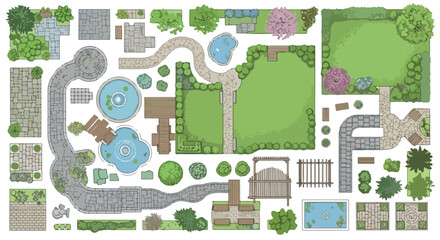 Fototapeta premium Landscape design elements vector set, garden plan top view icons, architectural site mapping symbols with trees, ponds, and stone paths for backyard planning