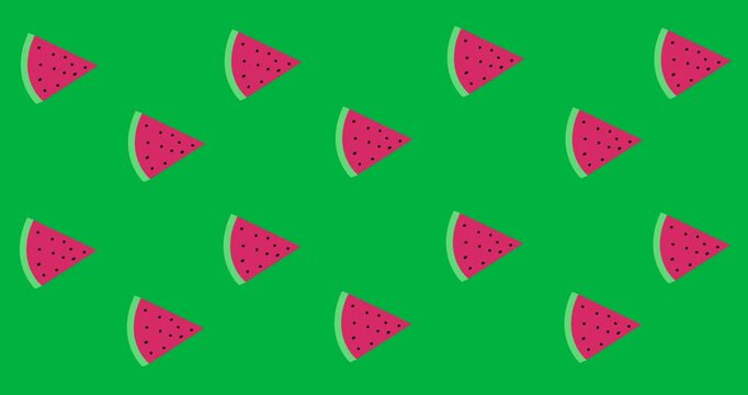 Digital animation of multiple watermelon slice icons spinning against black background