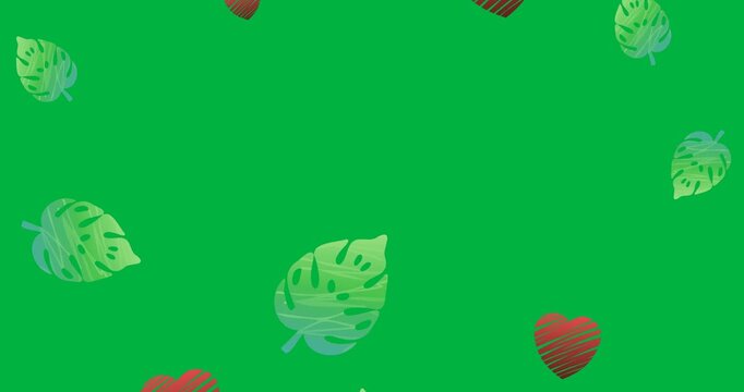 Digital animation of multiple green leaves and red heart icons falling against black background