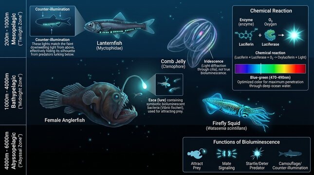 An infographic about deep sea creatures and bioluminescence in the ocean