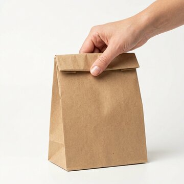 Hand holding a brown paper bag on a white background.