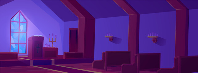 Naklejka premium An empty church interior at night, with an altar, vintage window, candles, and rows of wooden pews.