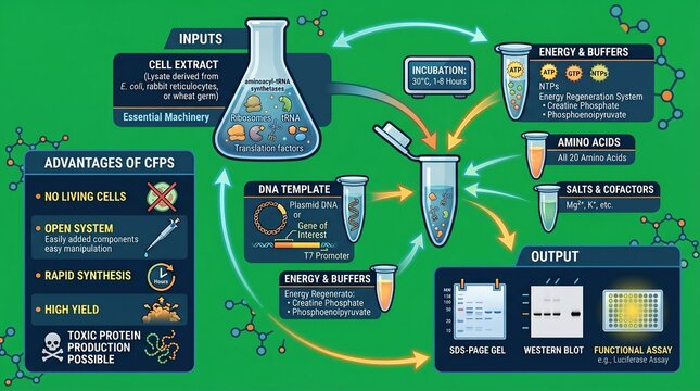 A detailed infographic illustrating the Cell-Free Protein Synthesis process in a laboratory setting with various inputs and outputs.