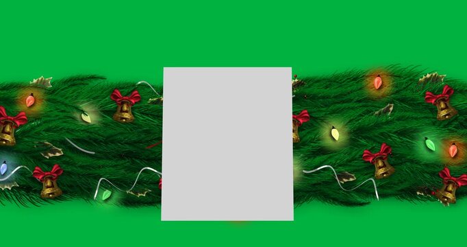 Square banner with copy space over decorated green tree branch against black background
