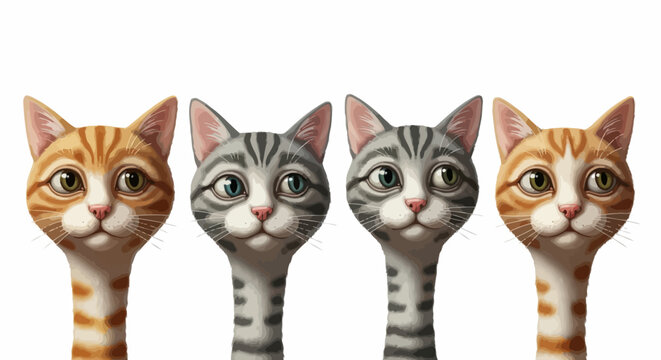 Four adorable cat faces in a row digital art illustration