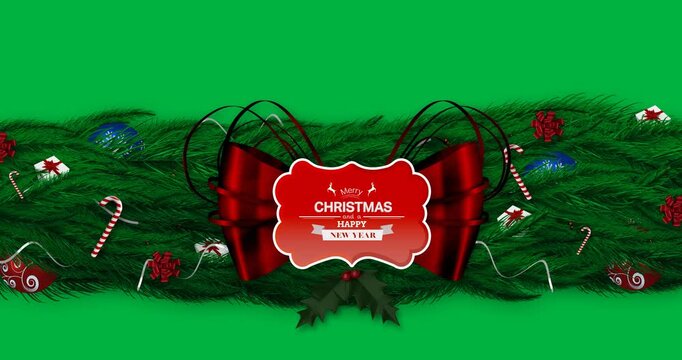 Ribbon banner with merry christmas and happy new year text banner over decorated green tree branch
