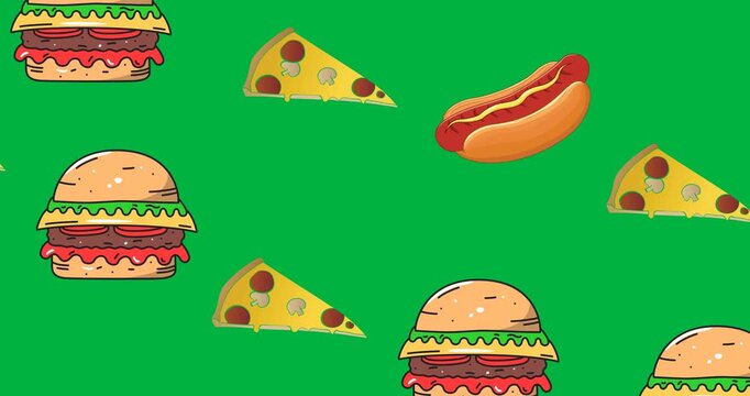 Multiple burger, pizza and hot dog icons moving in seamless pattern on black background