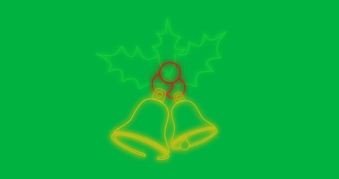 Digital animation of neon mistletoe and chrismas bells icon against black background