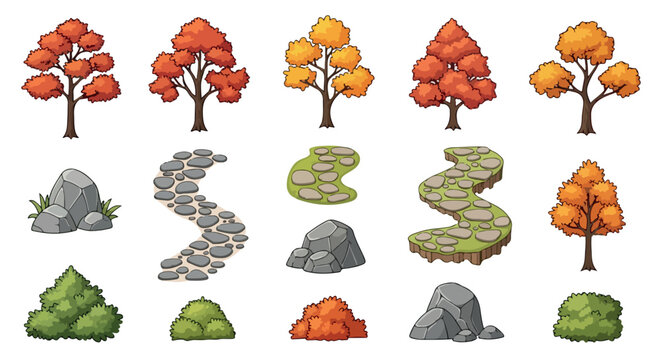 Autumn forest game assets vector set, cartoon orange trees and stone paths, isometric garden landscape elements for environment design