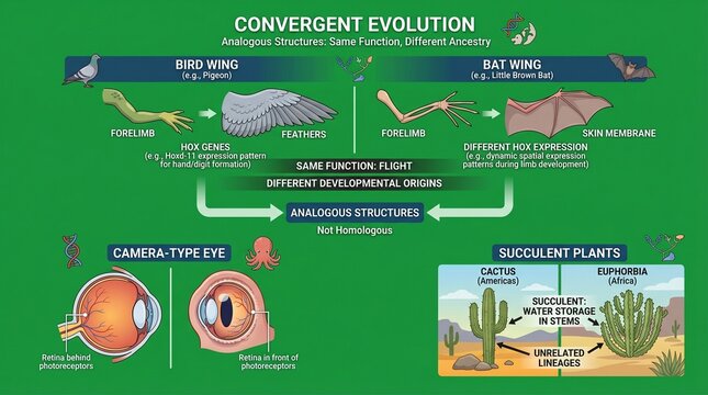 An infographic about convergent evolution showing analogous structures in different species