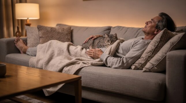 Man relaxing on sofa with cat in cozy home interior
