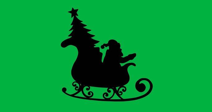 Digital animation of black silhouette of santa claus in sleigh against white background