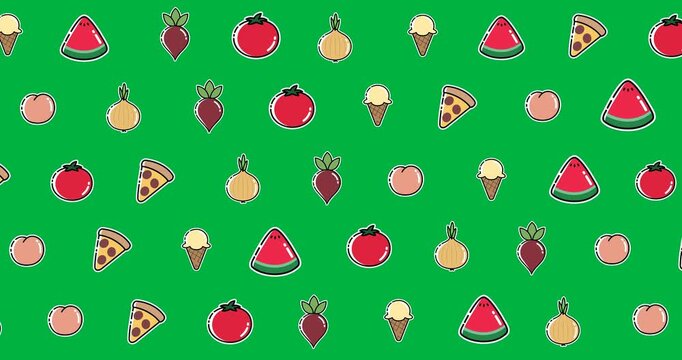 Digital animation of multiple food items in seamless pattern against black background