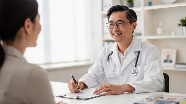 Doctor consulting female patient in modern medical office