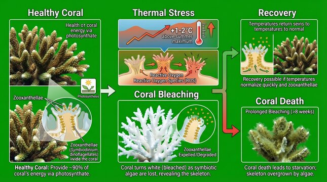 An infographic showing the effects of thermal stress on coral reefs, including coral bleaching and coral death.