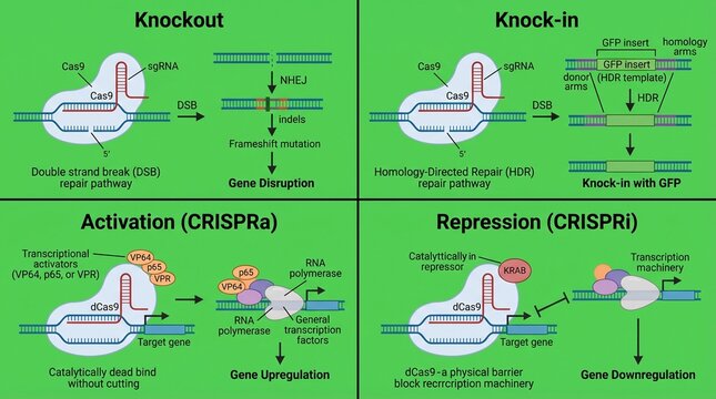 A detailed illustration of CRISPR gene editing techniques including knockout, knock-in, activation, and repression