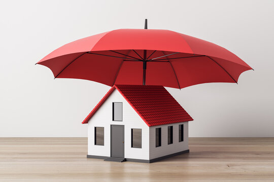 Small model house shielded by a large red umbrella illustrating strong home insurance and secure real estate protection on a clean light background. 3D Rendering