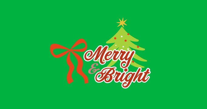 Merry and bright text banner with red ribbon and christmas tree icons against black background