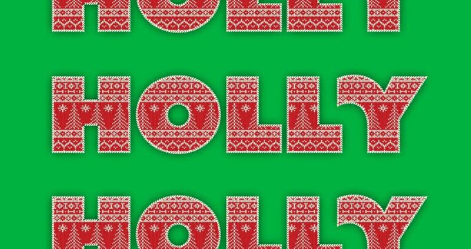 Digital animation of holly text banners in seamless pattern against black background