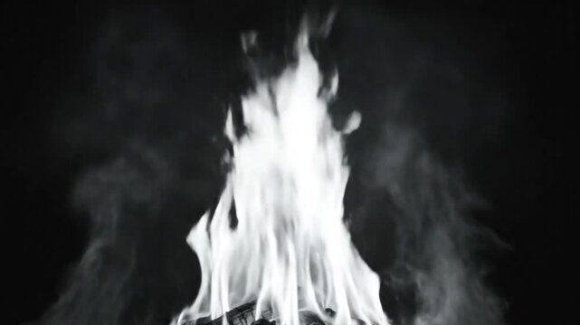 Black and White Close Up of a Bright Fire Burning with Smoke and Flames in Darkness