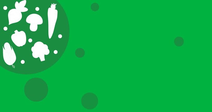 Digital animation of multiple vegetable icons over a green round banner against black background